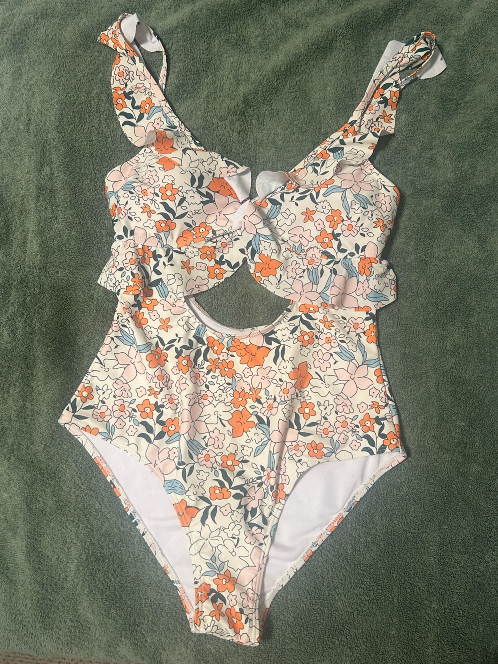 Floral Cutout One-Piece Swimsuit in Cream, Orange & Pink